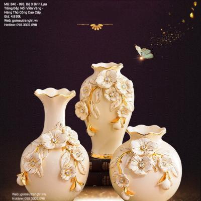 Bộ 3 Bình Hoa Đắp Nổi Viền Vàng - sản phẩm gốm sứ cao cấp